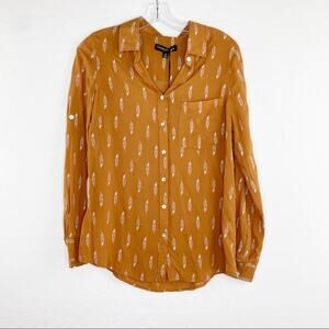Living Doll Feathers Long Sleeve Button Up Blouse Camel Brown XS